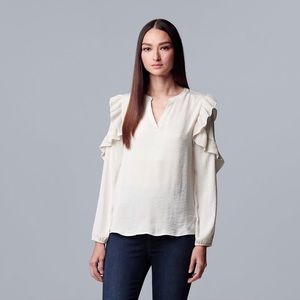 Simply Vera Vera Wang | Ruffle Long Sleeve Top Medium “Salt Air” [White] NWT!